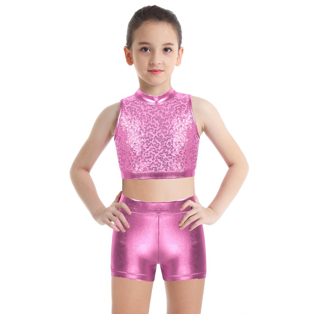 Kids Girls Two-Piece Dance Set Sequined Sleeveless Crop Top Metallic Bottoms Performance Outfit