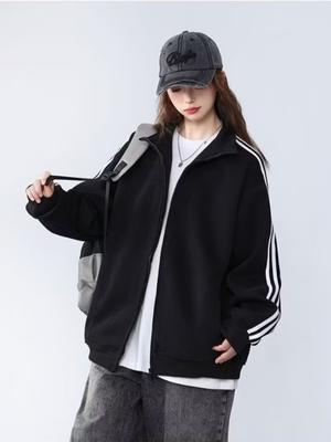 Autumn and Winter Baseball Color Blocking Sweatshirt Long Sleeve Fleece-Lined and Thickened Vintage Loose-Fit Jacket Petite Top