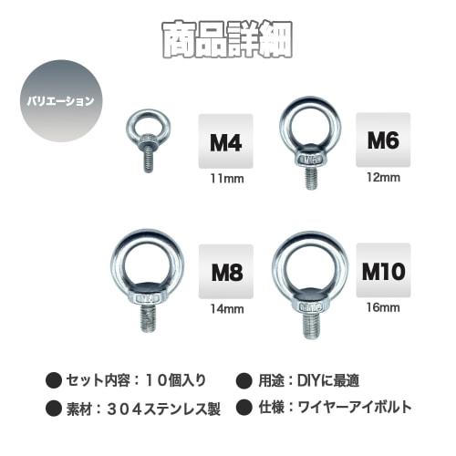 Mitoland Eye Bolts, M4 (11mm), Set of 10, 304 Stainless Steel, for Fixing, Reinforcement, Hanging, and Fall Prevention, DIY Tent Hooks, Ropes, and Wir