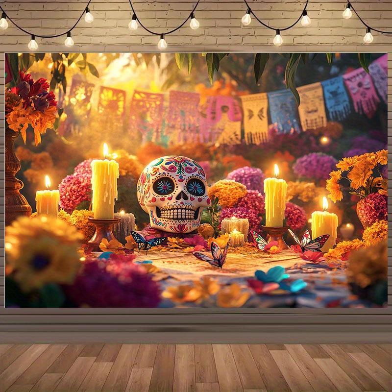 1 Piece of 2D Background Cloth "Colorful Day of the Dead Theme Background Cloth, Sugar Skull and Flower Candlelight.