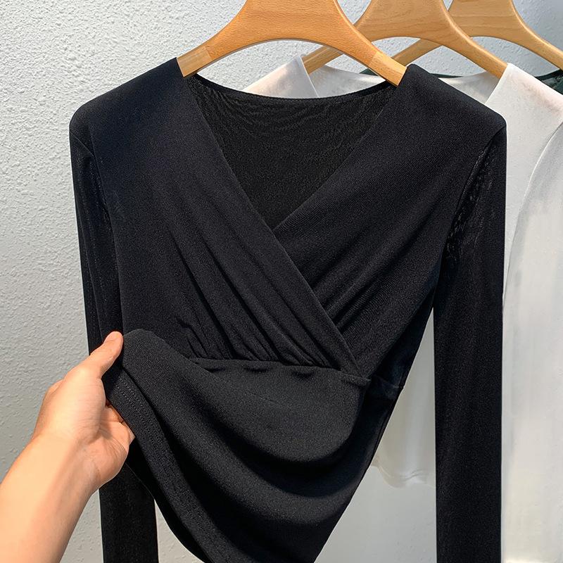 Cross V-neck Mesh Base Shirt for Women In Spring and Autumn New Tight Long-sleeved T-shirt for Women In Women's Unique Waist-hugging Shirt