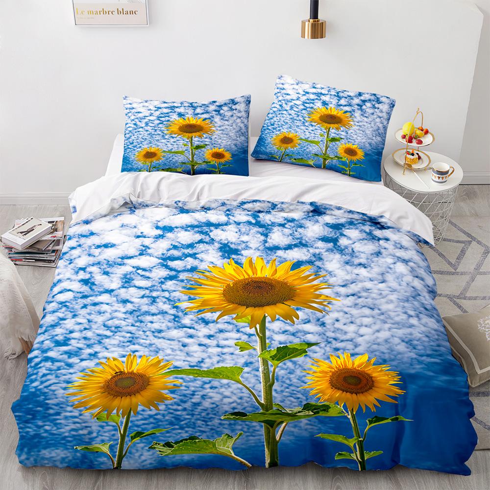 Sunflower Duvet Cover Set Yellow Flowers Green Leaves Cloud Tree King Queen Full Size for Boys Girls Teens Polyester Bedding Set