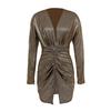 Women's Sparkly Ruched Bodycon Dress Sexy Deep V Neck Long Sleeve Mini Dress Metallic Party Club Night Dress
