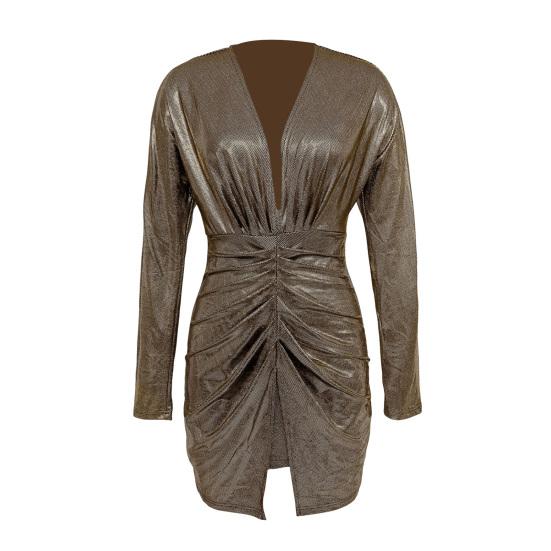 Women's Sparkly Ruched Bodycon Dress Sexy Deep V Neck Long Sleeve Mini Dress Metallic Party Club Night Dress