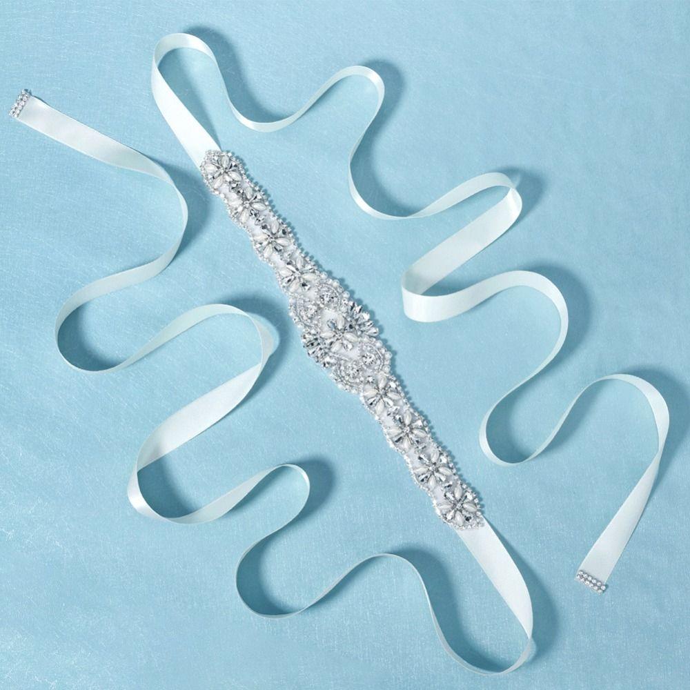 Sweet Silver Wedding Rhinestone Belt Satin Dresses Accessories Wedding Ribbon Sash Crystal Pearls Bridal Sashes Bridesmaids