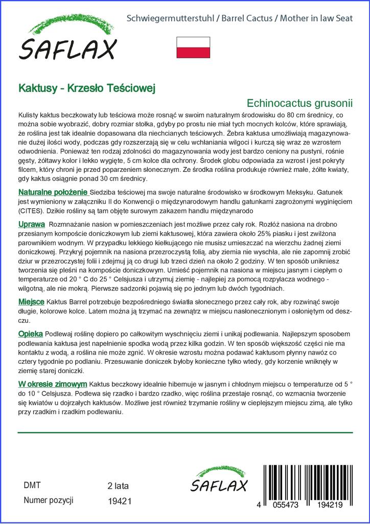 SAFLAX Garden In the Bag - Barrel Cactus / Mother In Law Seat - 40 Seeds - With Substrate In a Fitting Stand Up Bag - Echinocactus Grusonii