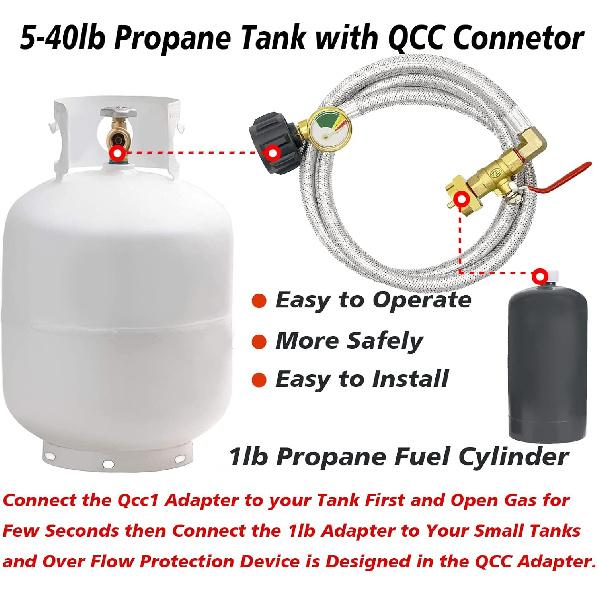 Upgraded 48" Stainless Braided QCC1 Type Inlet Propane Refill Adapter Hose Extension Propane Refill Hose with Gauge ON/Off Control Valve for 1LB