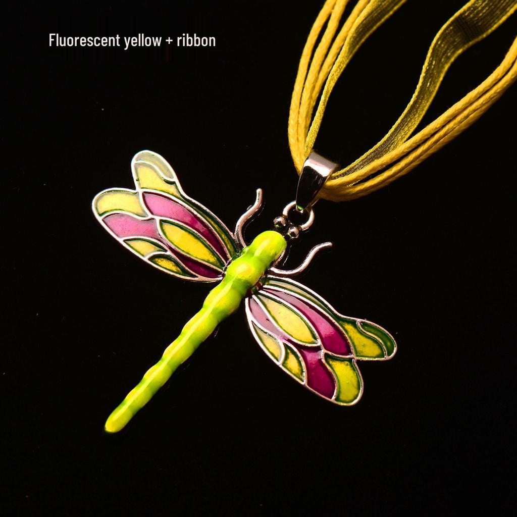 Silver Dragonfly Necklace with Luminous Butterfly - Retro Forest-Inspired