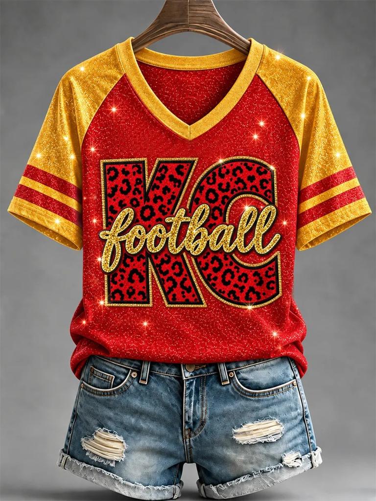 Print Design, Not Texture Women's KC Football Leopard Print Off-Shoulder V-Neck Short Sleeve T-Shirt