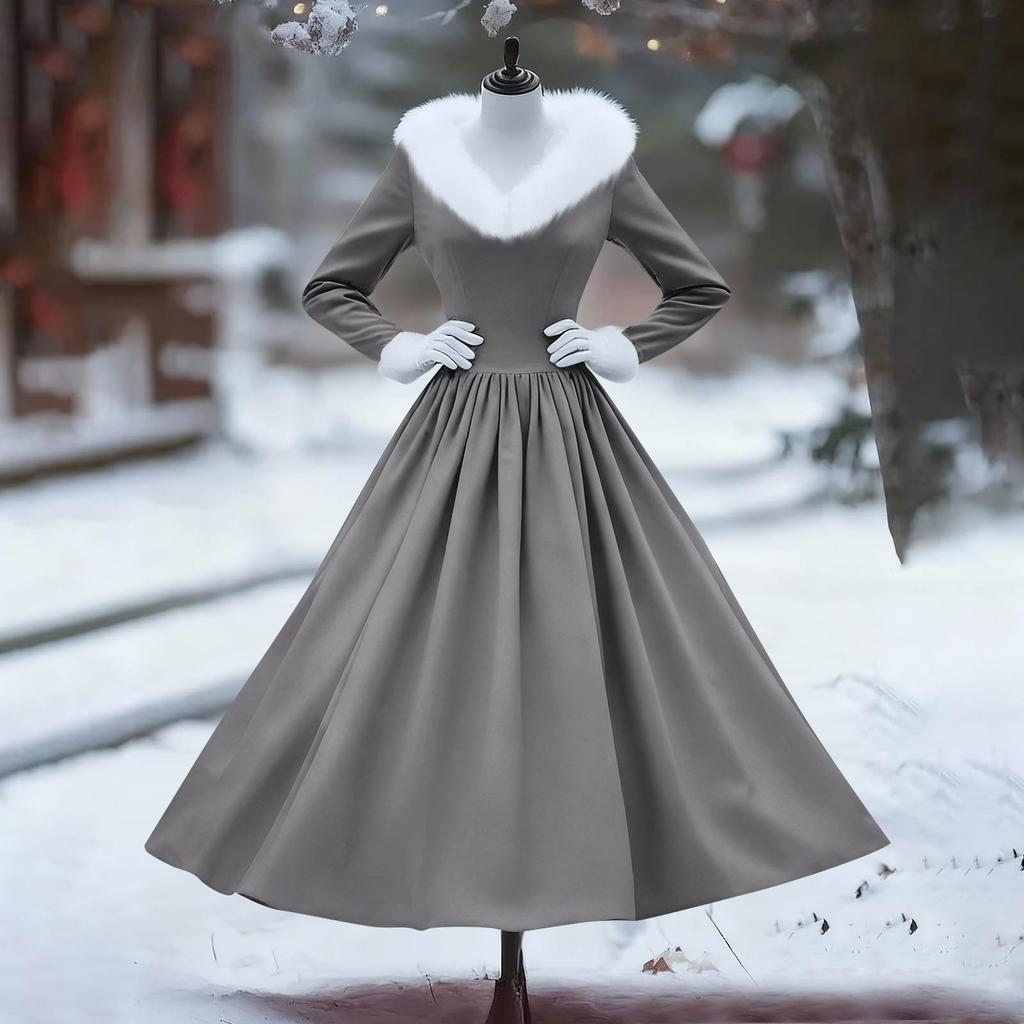 Women's Casual Dress Long-Sleeve V-Neck Patchwork Fleece Christmas Print Dress