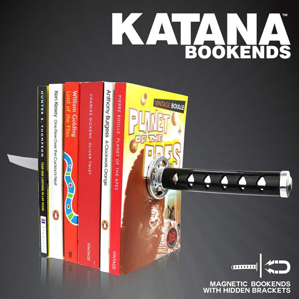 Book Ends Decorative, Modern Metal Funny Unique Black DVD Bookends for Shelves, Katana Book Stopper Holder for Office Home, Desk Gifts Book Stands