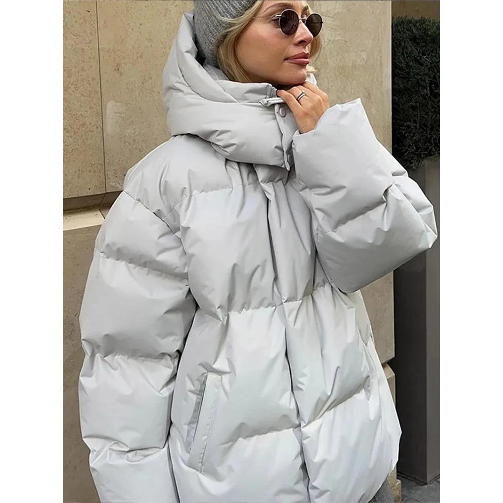 Fashion Thicken Hooded  Down Cotton Jacket for Women Long Sleeve Snow Coat Warm High Street Loose Parkas Oute