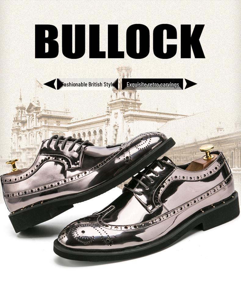 Korean Style Shiny Gold Brogue Derby Shoes - Plus Size, Fashionable Nightclub Leather Lace-Ups