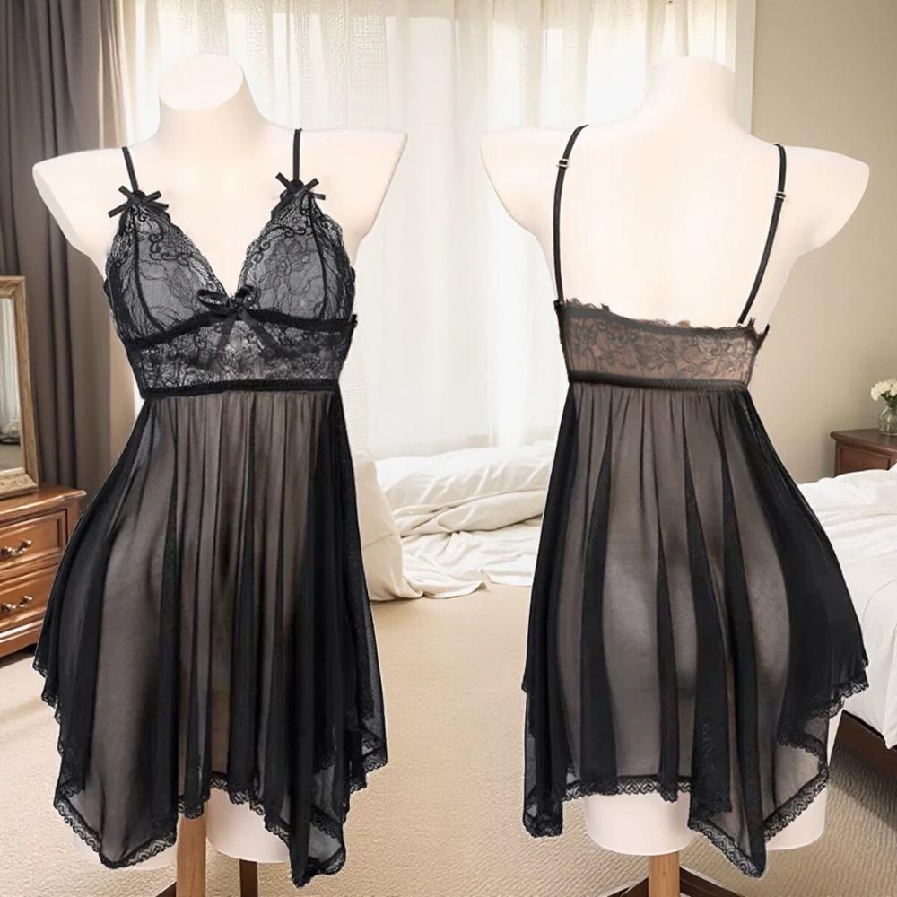 Transparent Bow Deep V Lace Skirt Nightgown Sexy Lingerie Dress Sexy Clothing Lace Skirt  Ladies