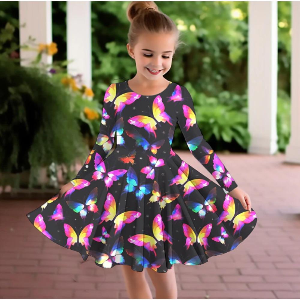 Vestito Casual da Bambina con Stampa 3D a Farfalle, Girocollo, Manica Lunga, Vestito da Principessa per Bambina