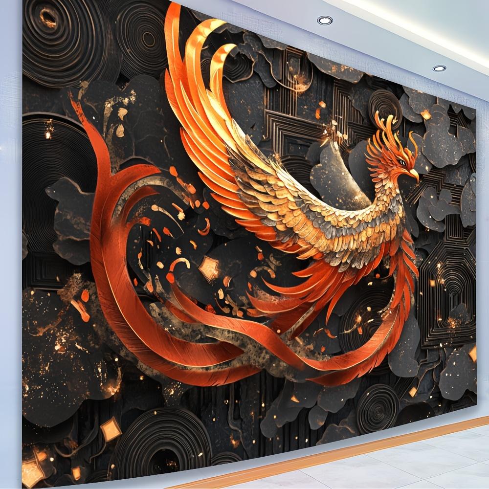 Elegant Phoenix-Themed Polyester Tapestry | Vibrant Red & Golden Design with Abstract Geometric Patterns | Ideal for Liv