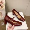Soft Leather Block Heel Single Shoes Retro New Simple French Square Toe Shallow Mouth Strap Heels