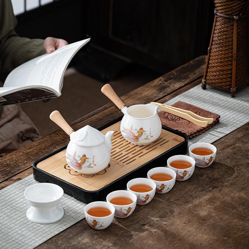 Suet jade white porcelain travel tea set portable kung fu tea set side handle teapot business gift souvenir