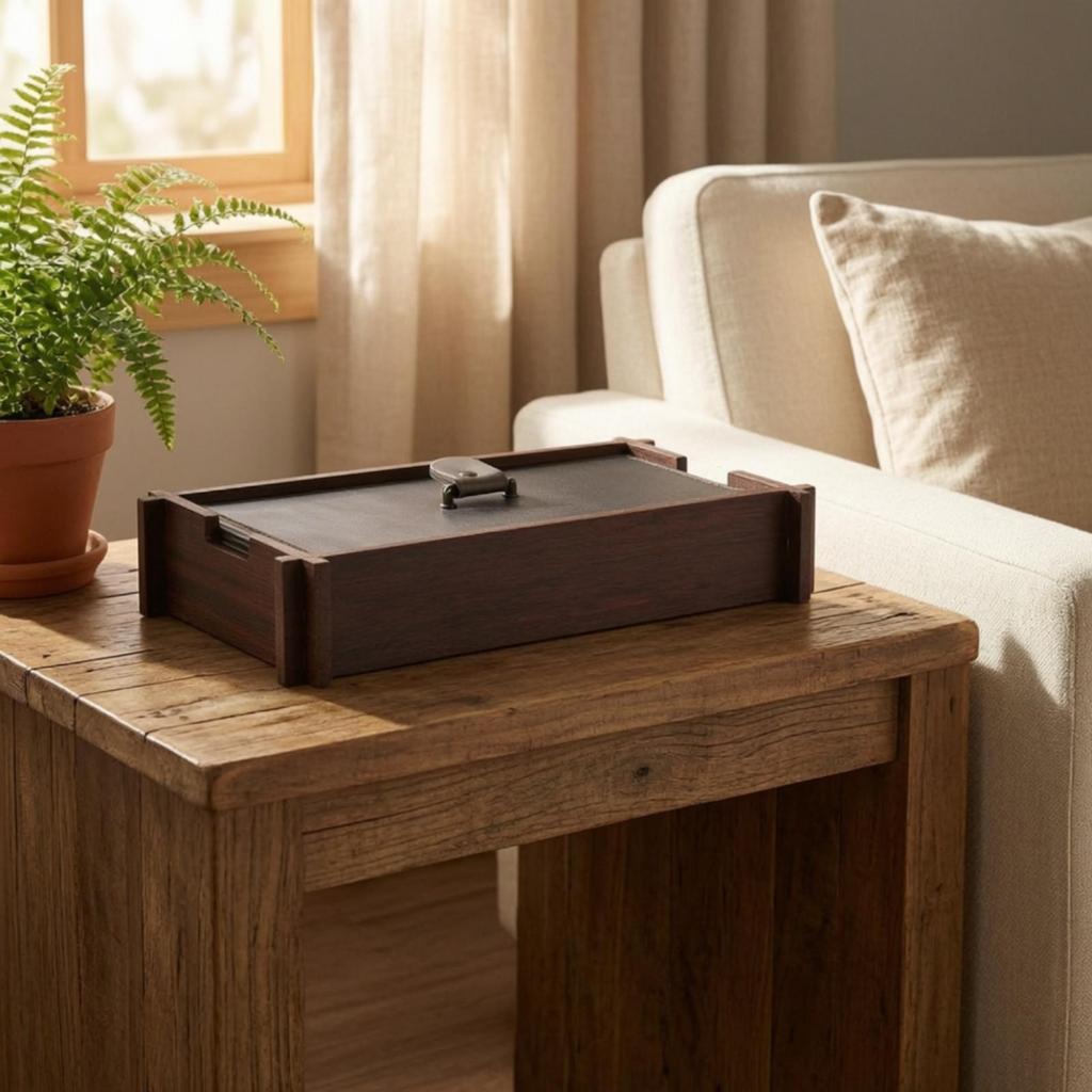 Wood Storage Box with Leather Panel Hand-Finished Tray Metal Handle