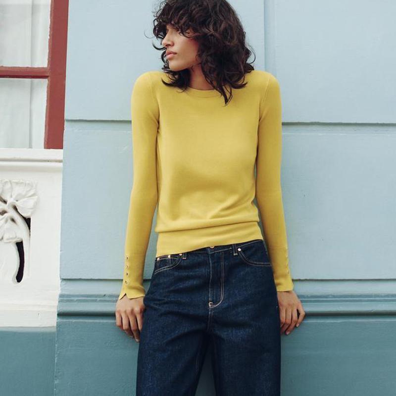 Fall and Winter New Women's Clothing Cuff Four Buttons Plain Stitch Basic Round Neck Long Sleeves Knitwear Tops 8851170