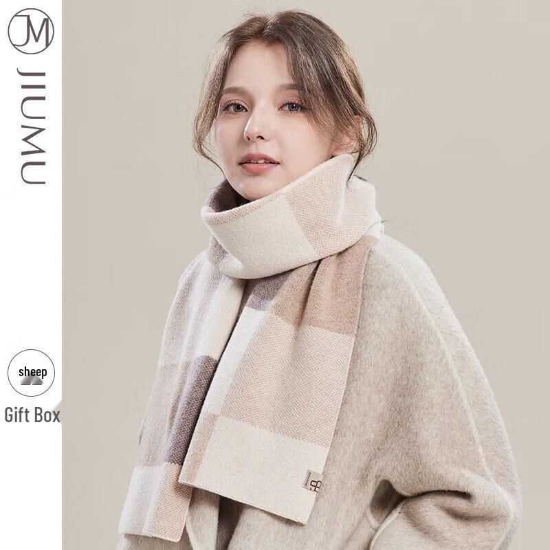 JIUMU Women's Retro Plaid Wool Blend Shawl Scarf