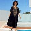 EDOLYNSA Chic Gold Thread Embroidered Plus Size Black Kaftan V Neck Dress 2024 Women Summer Beachwear Swimsuit Cover Up Loose Caftan Q1685