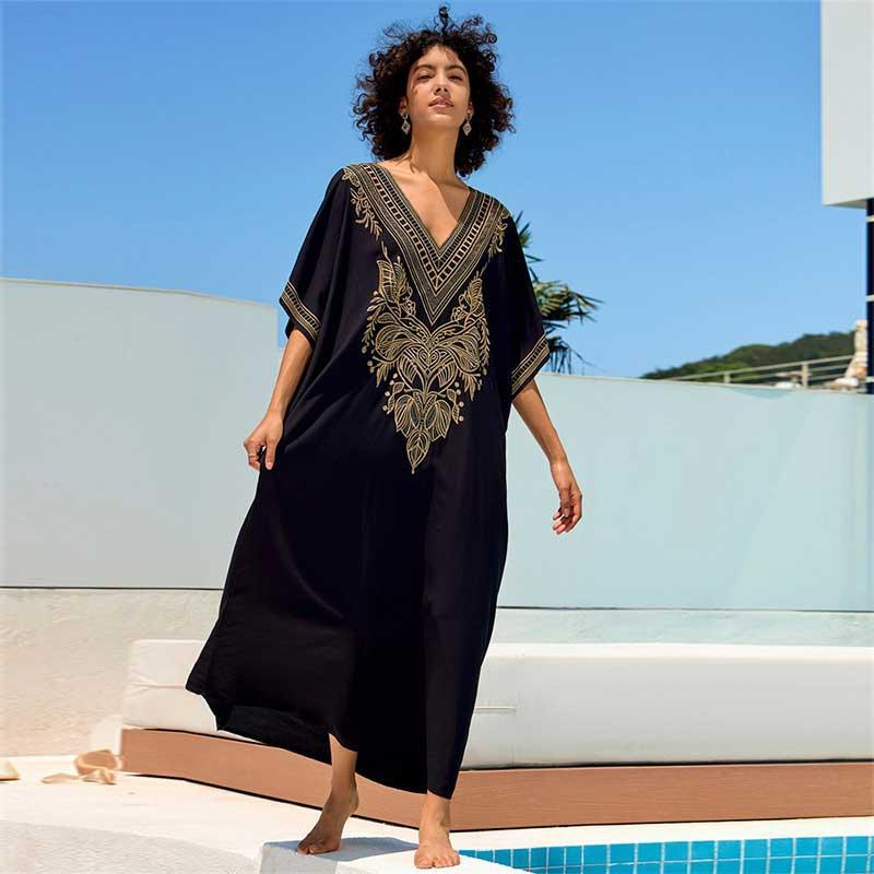 EDOLYNSA Chic Gold Thread Embroidered Plus Size Black Kaftan V Neck Dress 2024 Women Summer Beachwear Swimsuit Cover Up Loose Caftan Q1685