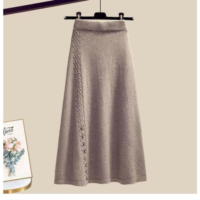 Zweiteiliges Set im koreanischen Stil für Frauen, grüne Pulloverjacke und Rock, Winteroutfit