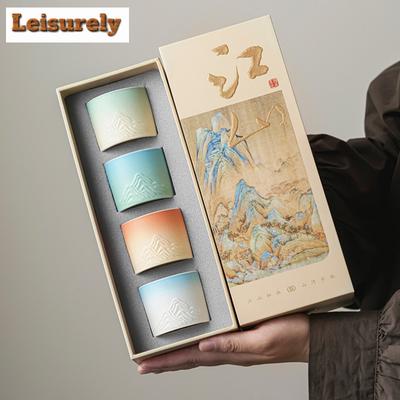 Gift Box & Four Seasons Landscape Gradual Change China Ceramic Tea Cup Porcelain Kung Fu Cups Set Coffee Mug Tableware Cup Kit