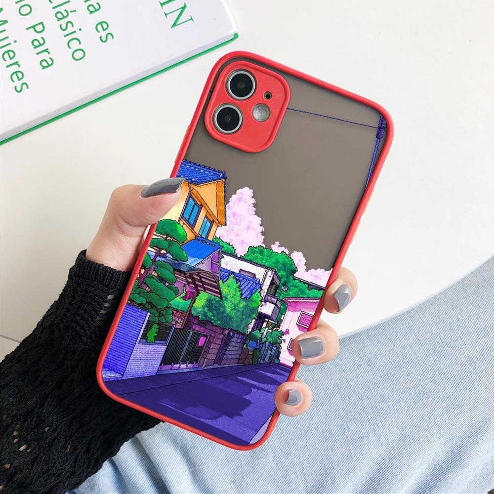 Matte Hülle für iPhone 11 12 13 14 Pm Pro Max XR X 8 7 Plus Pro XS Mini Skin Feeling Cover Japan Anime Handbemalte Hauslandschaft