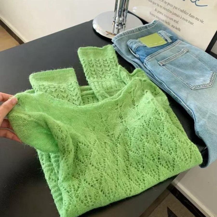 Суперкрасивый синий раннеосенний новый модный универсальный трикотажный свитер с круглым вырезом и длинными рукавами, женский свободный трендовый one size fits all