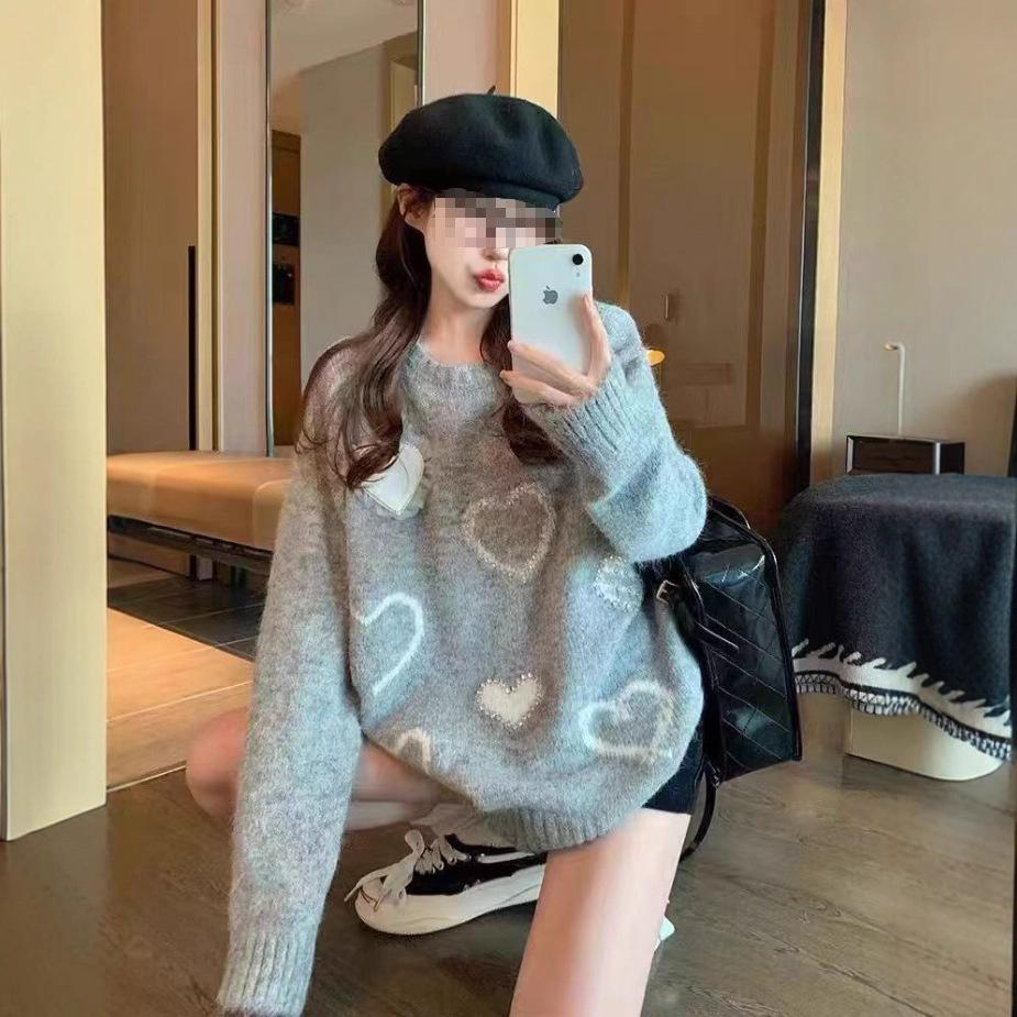 2025 Autumn/Winter Rhinestone Heart Pullover - Korean Style Loose Casual Sweater