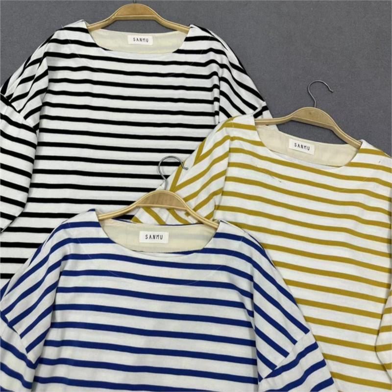 Johnature Japanese Casual Style Round Neck Striped Cotton Horizontal Loose T-shirt Women Patchwork Long-sleeved Tops