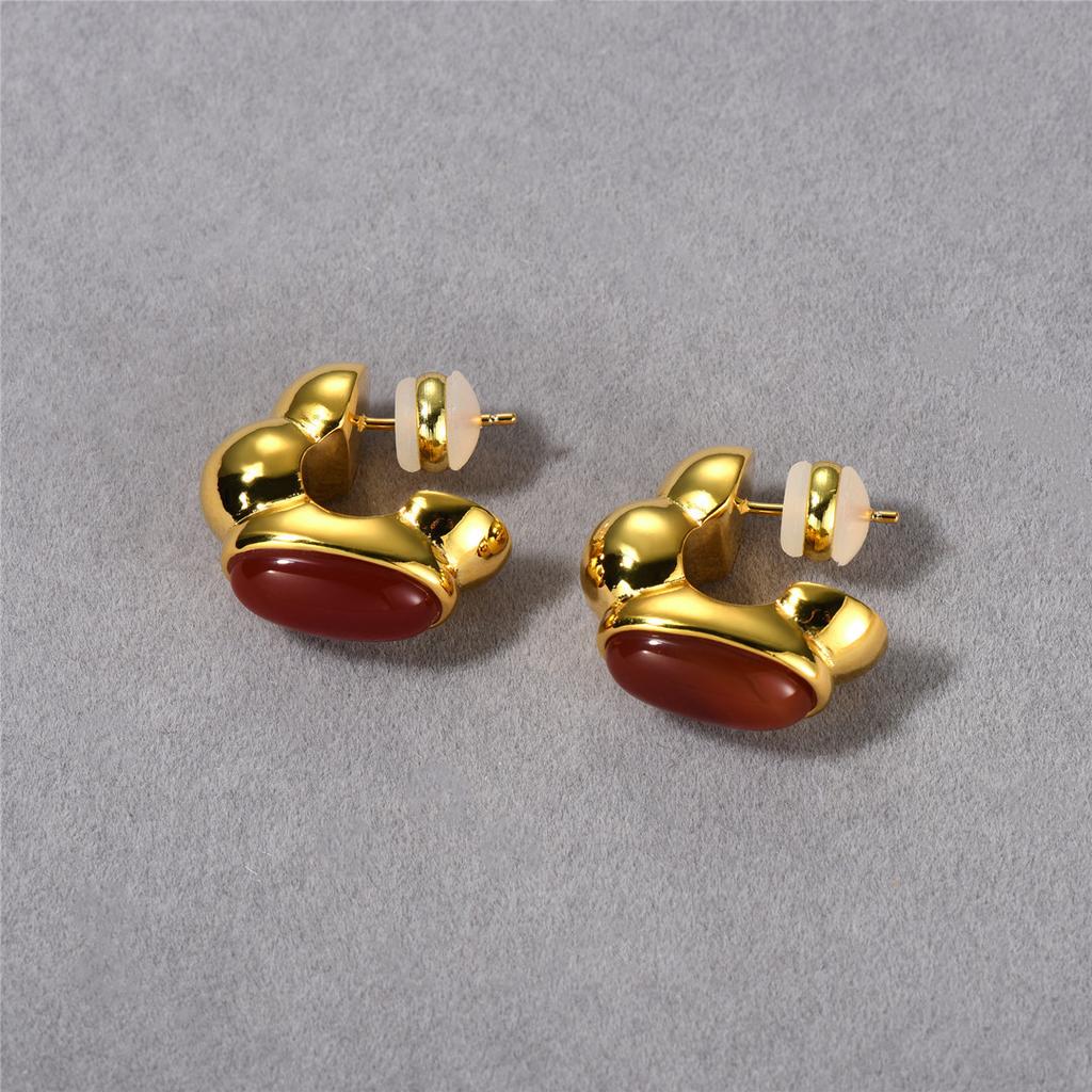 Niche Design Copper Plated 18K Real Gold Inlaid Ruby Earrings S925 Silver Needle Stud Earrings Temperament Earrings