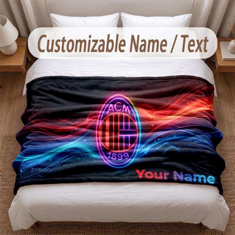 AC Milan Printed Flannel Blanket Custom Name Text Soft Warm Throw For Bedroom Holiday Gift