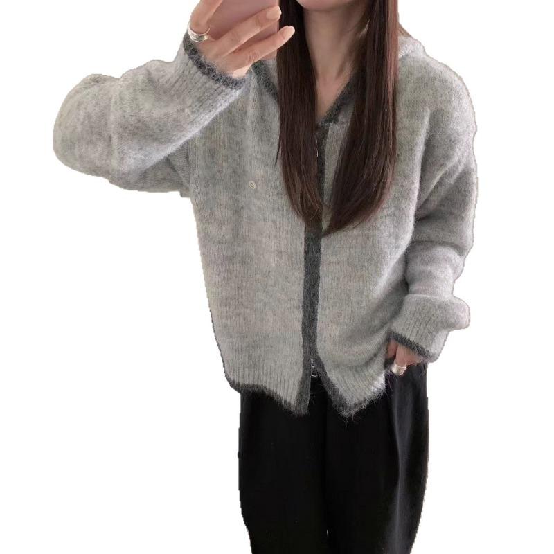 New Color Matching Edge Hooded Double Zipper Retro Casual Wool Blended Long-sleeved Knitted Cardigan Jacket Women