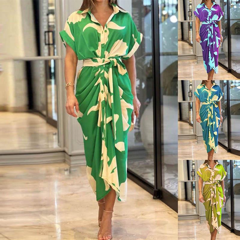 2024 INS Autumn Women's European & American High Waist Print Shirt Dress with Turn-down Collar and Short Sleeves