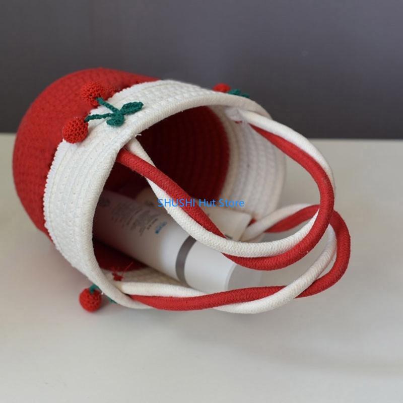 Handmade Cherry Portable Small Bag Cotton Thread Straw Woven Bags for Valentine‘s Day Girlfriend Gift Seaside D57B