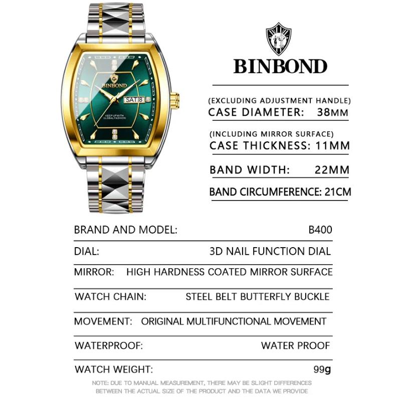 BINBOND Men's Watch Authentic Light Luxury Wine Barrel Steel Belt Waterproof Night Light Calendar Men's Student Quartz Watch