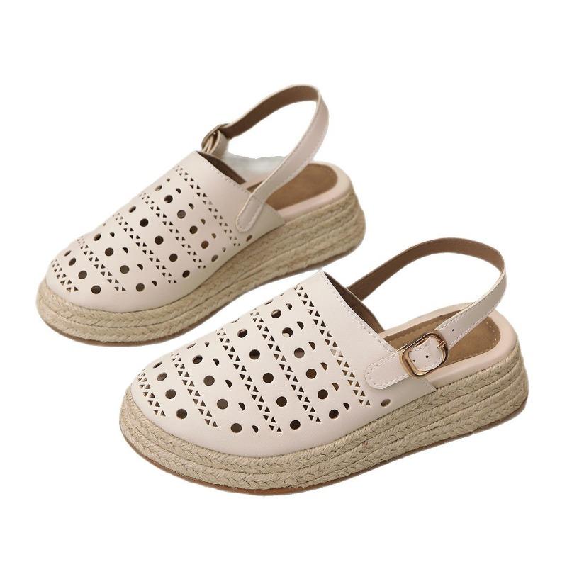 Baotou Sandals Women's Thick-soled Wedge Heel Large Size Summer New Retro Hemp Rope Hollow Women's Sandals