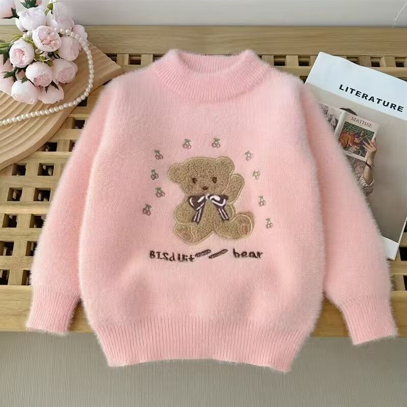 Autumn Winter Children's Sweater Pullover Girls' Round Neck Knitwear Mink Down Children's Long Sleeve Sweater