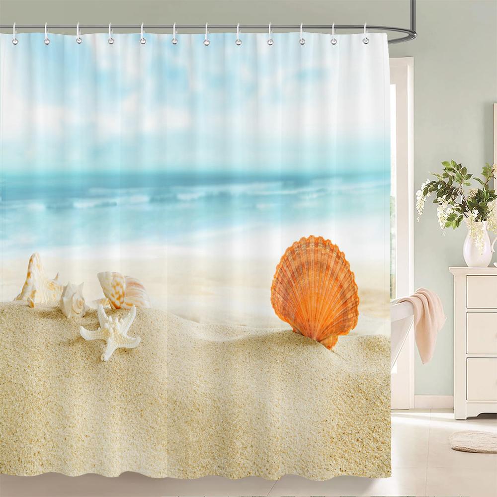 High Quality Sunny Beach Printed Fabric Shower Curtains Sea Scenery Bath Screen Waterproof Products Bathroom Decor with 12 Hooks