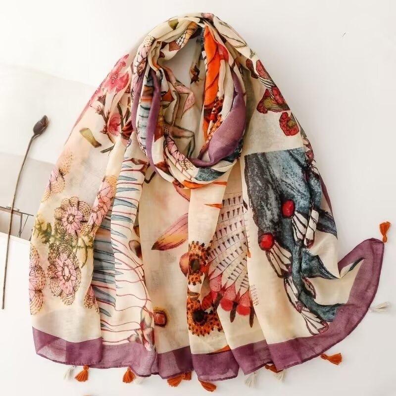1 Spring And Summer New Bali Yarn Color Printed Scarf Literary Versatile Thin Ethnic Style Shawl Scarf