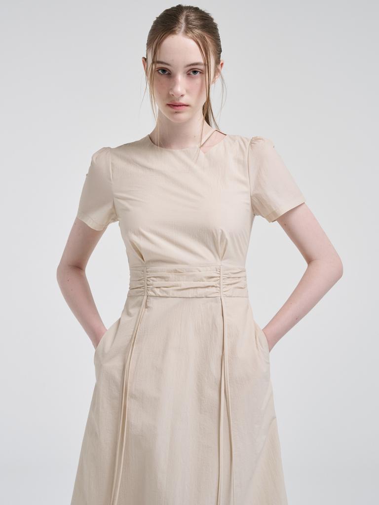 Etmont Neck Cut-Out Shirring Dress, Light Beige