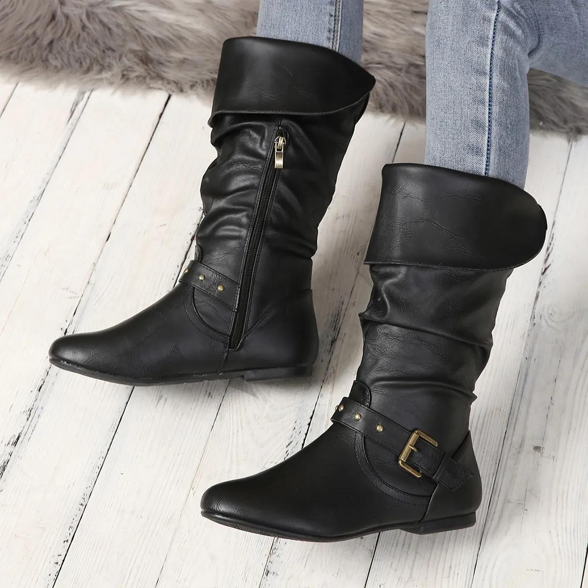 Fashion Pleated Knee High Boots Women Western Cowboy Boots for Women PU Leather Vintage Square Low Heels Shoes Ladies Large Size 36 5876₽