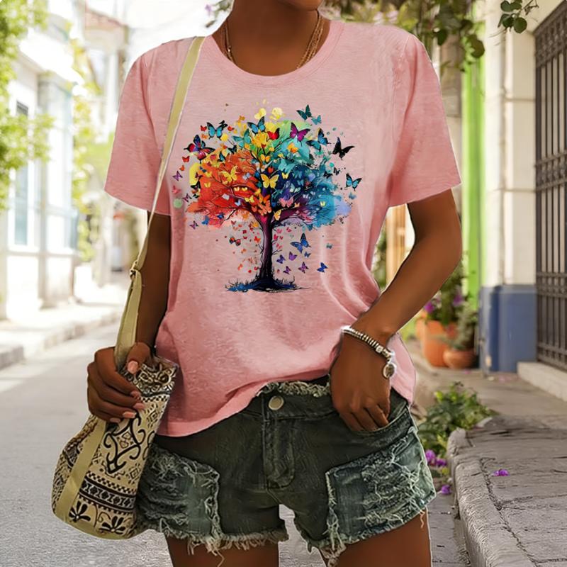 Lady CLothes Crew Neck Short Sleeve Watercolor StyleColorful Butterfly Tree Print T Shirt Women's Outfits Casual Daily Wear