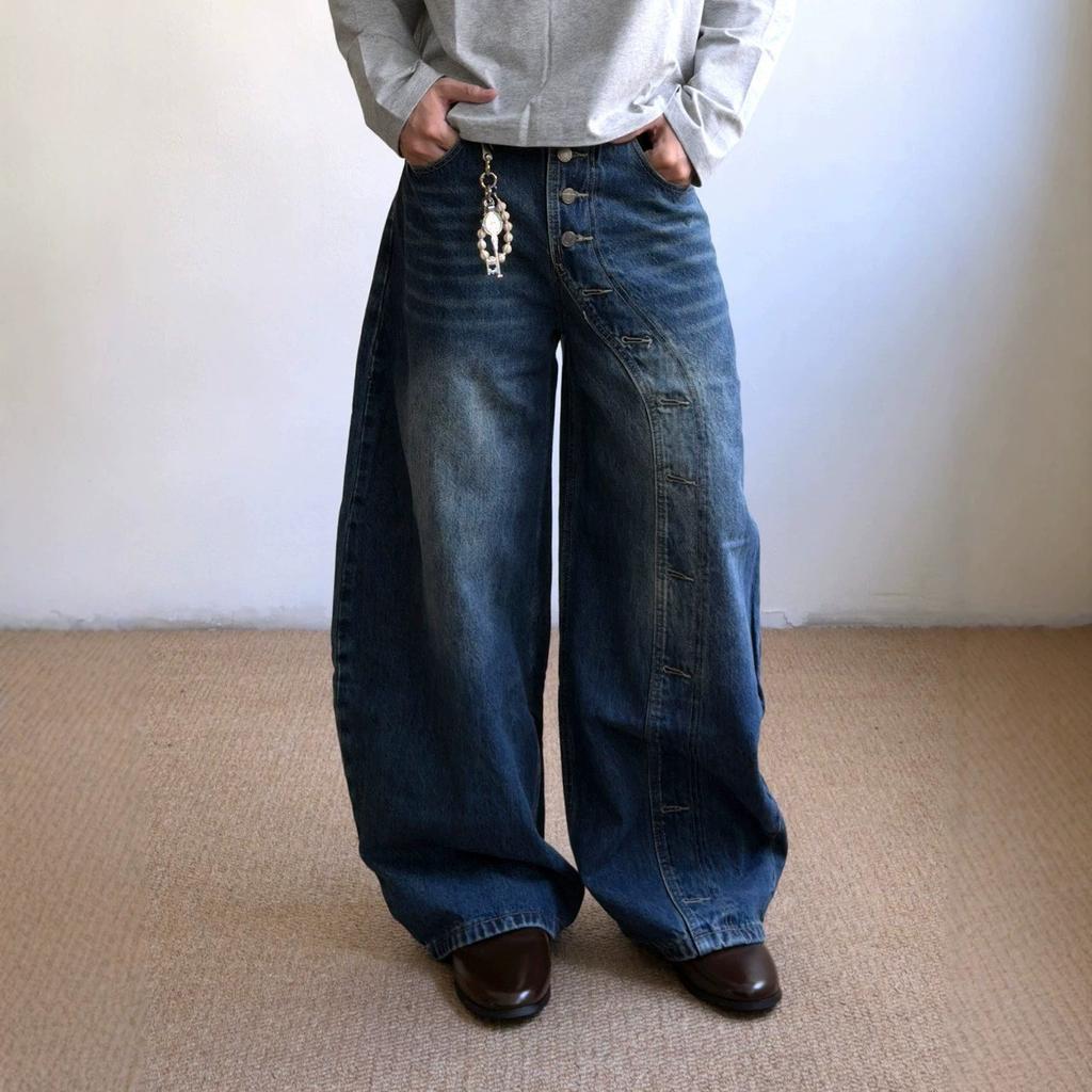 Street trendy brand scimitar jeans men's American retro breasted design loose and lazy casual wide-leg trousers
