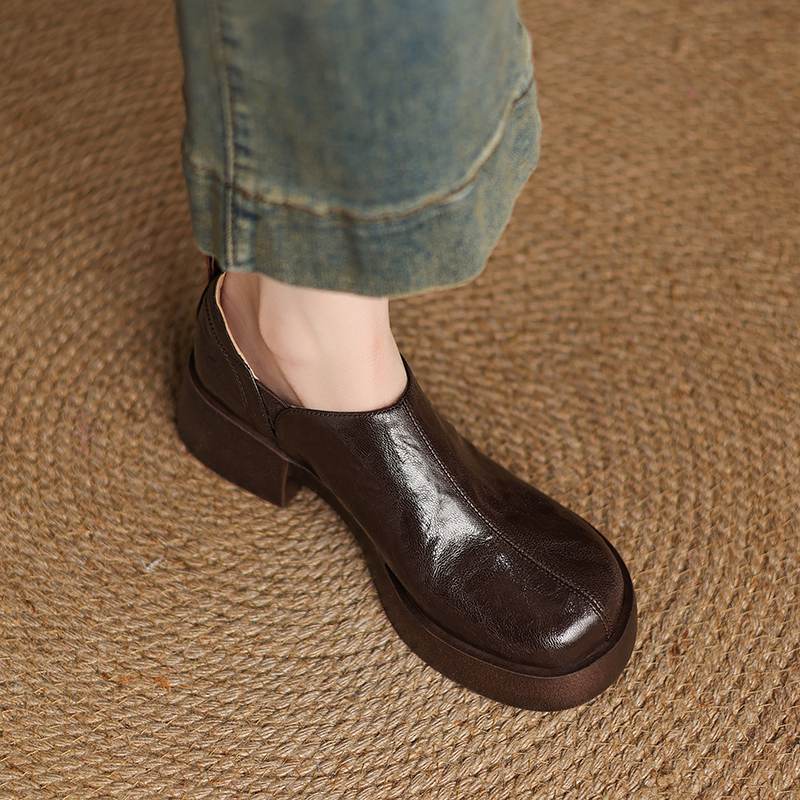 Krazing Pot Sheep Skin Autumn Winter Shoes Chunky Heels Size 43 Size 42 Round Toe Slip On Deep Mouth Pumps