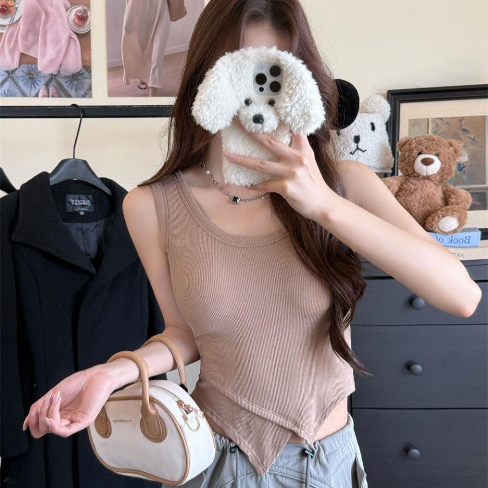 #Autumn and Winter New Polished Wide Strap Vest Inner Slim and Thin Irregular Hem Fixed Cup Short