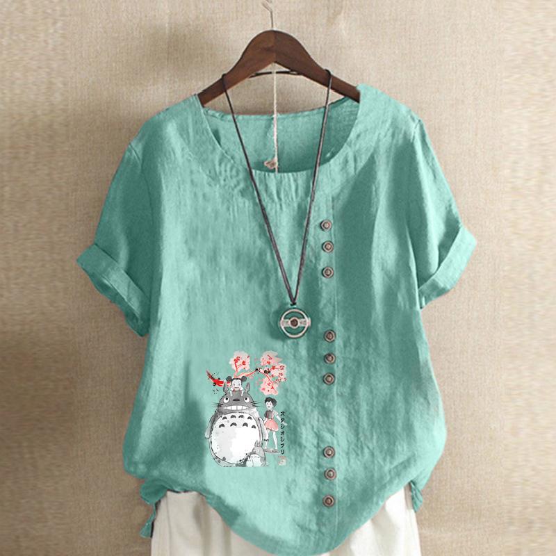 Women's Fashion Round Neck Short Sleeve T-shirt Casual Cotton Linen Graphic Shirt Leisure Loose Cartoon Characters Prined Summer Blouse Tops